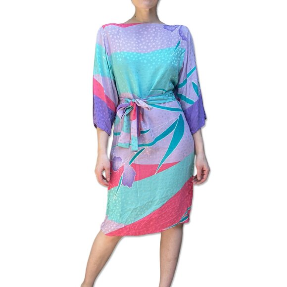 Vintage Flora Kung Shift Dress Boat Neck Aqua Lilac Rose Silk 3/4 Sleeve Size 8 - Picture 1 of 5